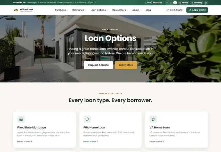 Loan options page of the Willow Creek Classic mortgage website design