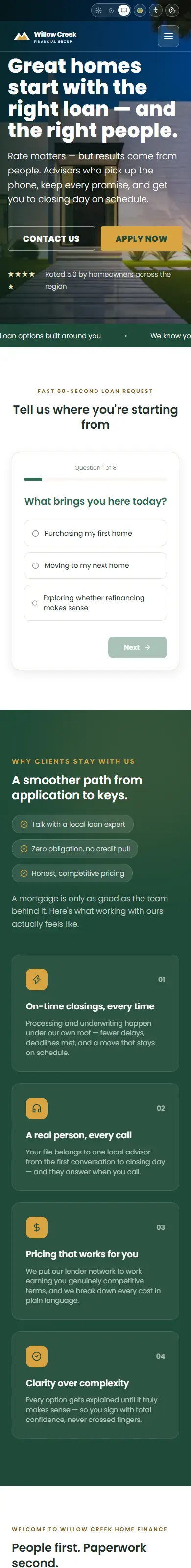 Home on a phone page of the Willow Creek Classic mortgage website design