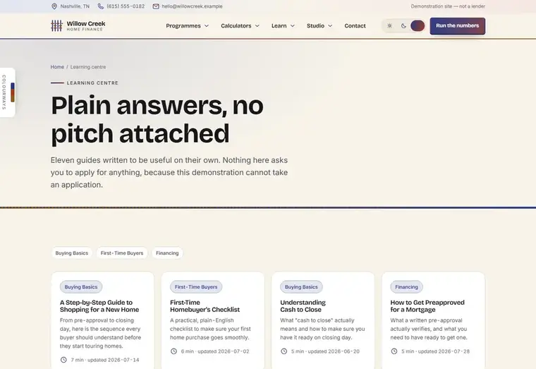 Learning center page of the Willow Creek mortgage website design